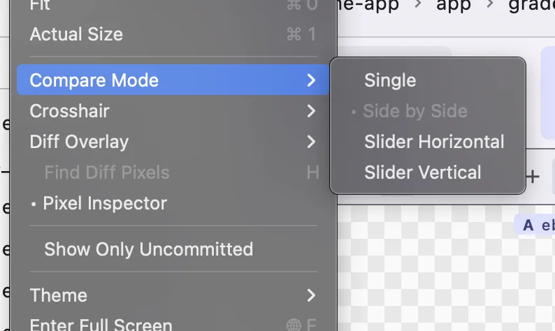 Compare Mode menu: Single, Side by Side, Slider Horizontal, Slider Vertical