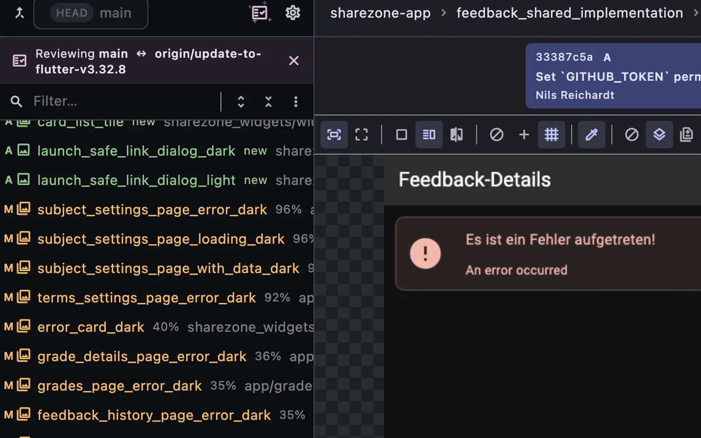 Dark themed file tree with per-golden diff percentages next to a dark golden comparison