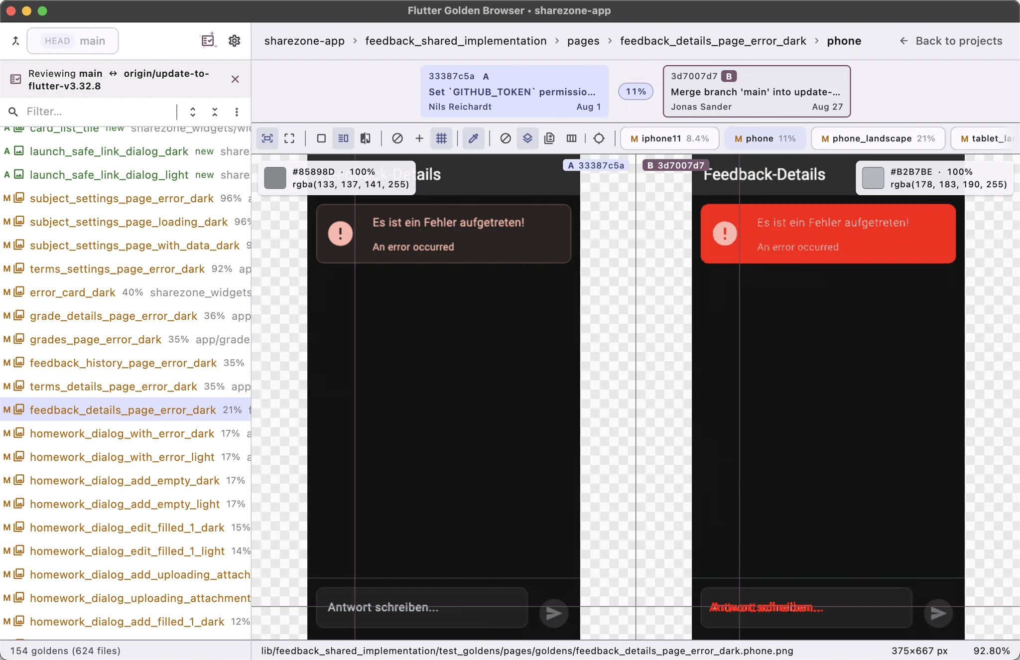 Flutter Golden Browser reviewing a pull request: side-by-side golden comparison with pixel-diff percentages per file and per device variant