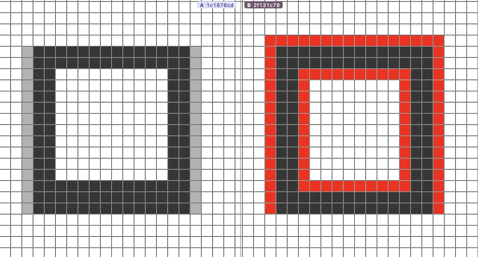Side-by-side zoomed pixel grid with changed pixels highlighted in red