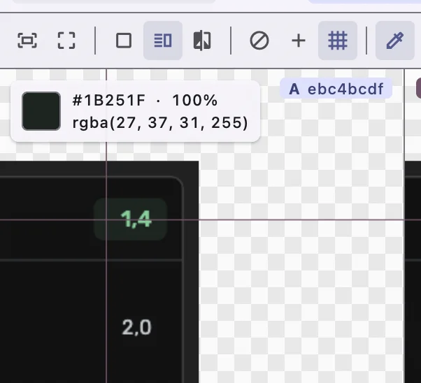 Pixel inspector crosshair showing hex and RGBA values of the hovered pixel
