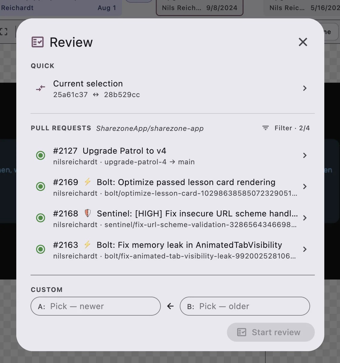Review dialog with quick presets, the repository's open pull requests, and a custom A/B revision picker