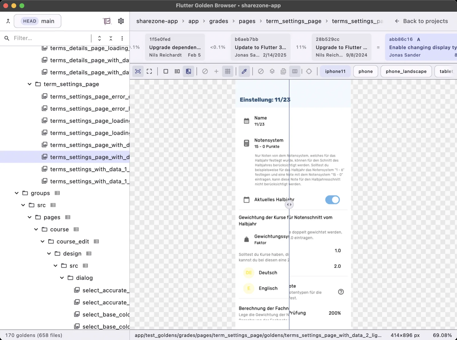Full app window with file tree, commit timeline and a slider wipe between two golden revisions
